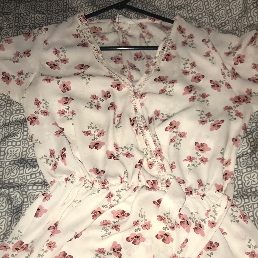 White and pink floral shirt with faux wrap